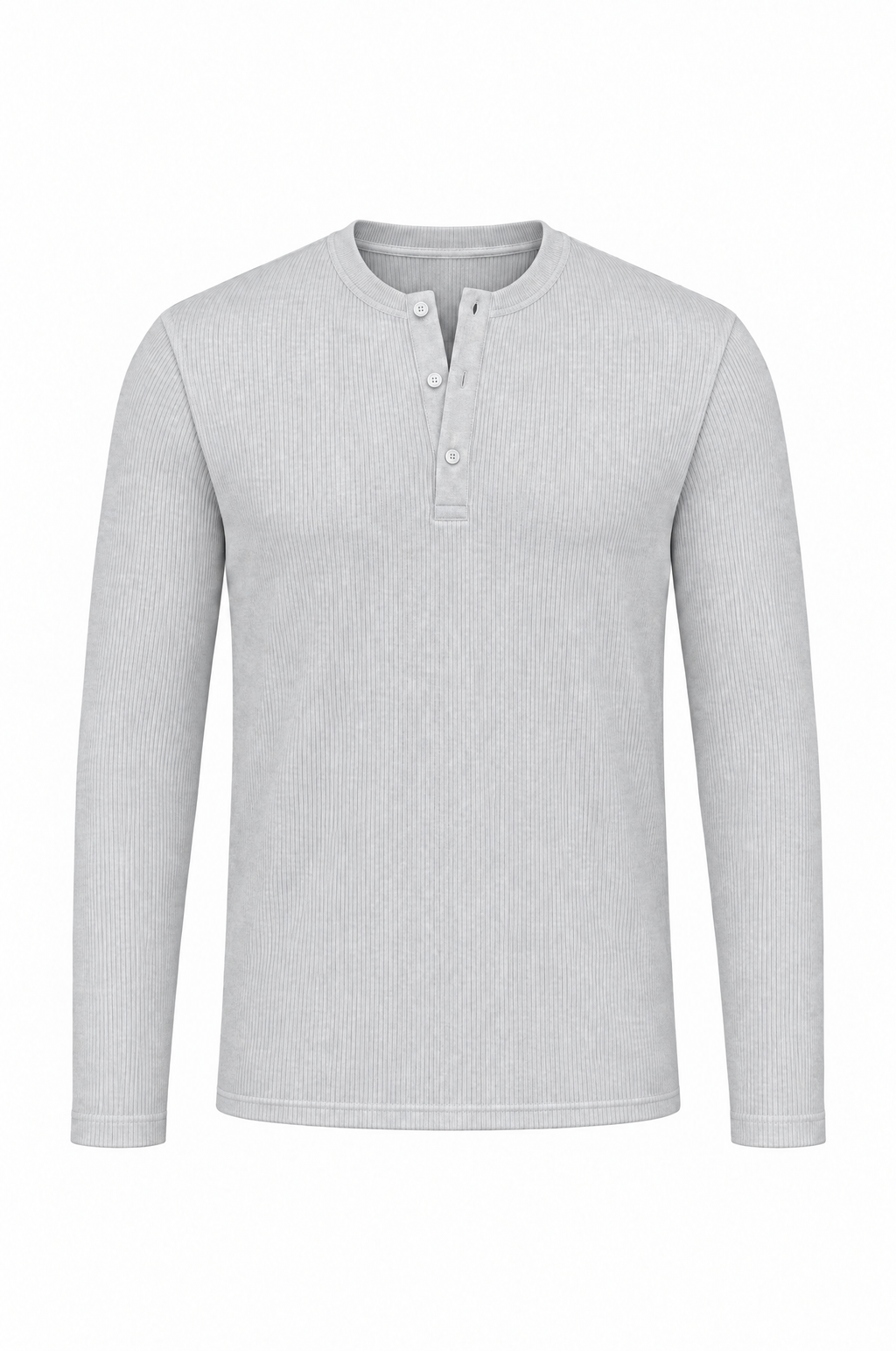 Grey long sleeve henley shirt, flat lay