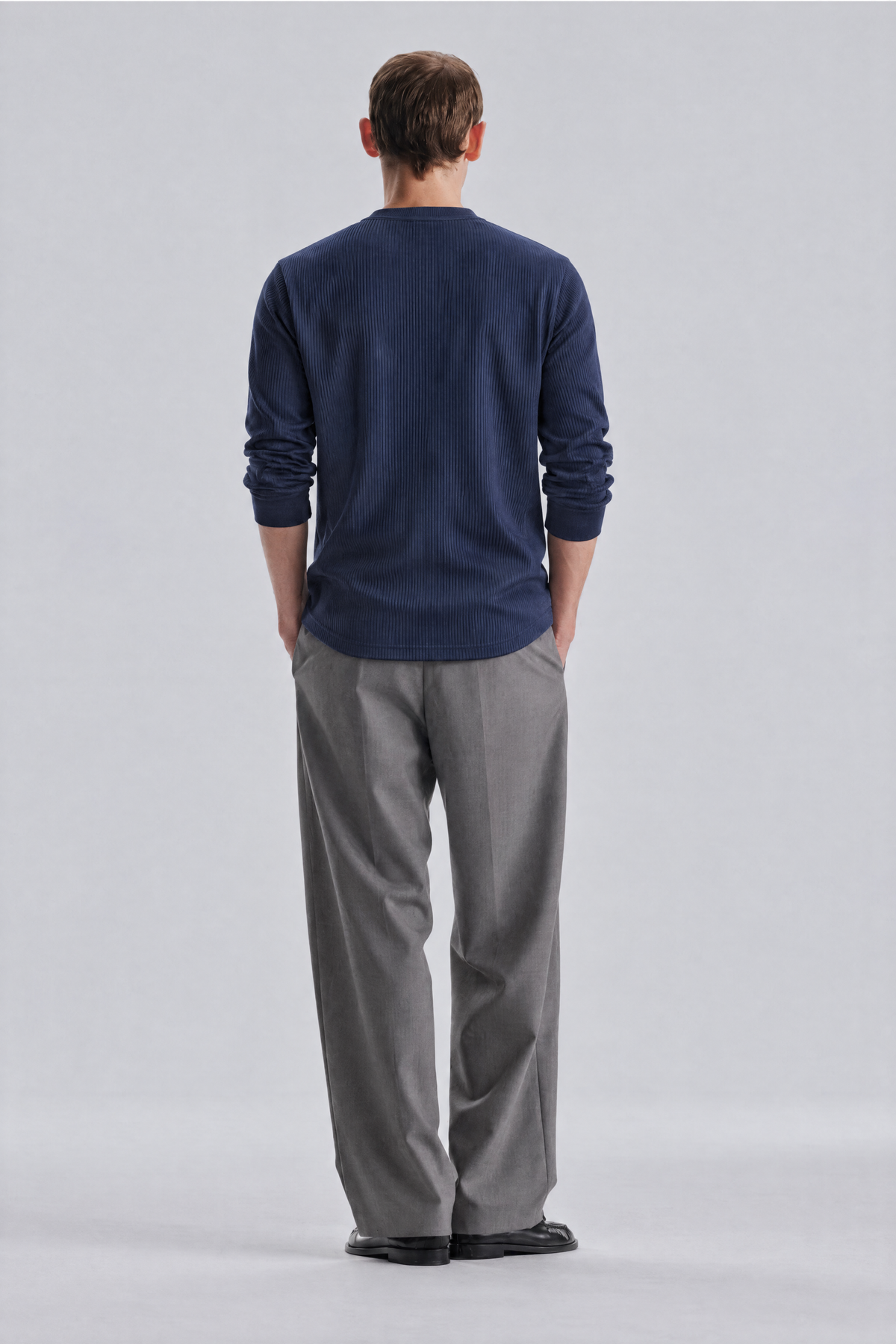 Slate Grey Tailored Trousers styled with the navy long sleeve henley, back