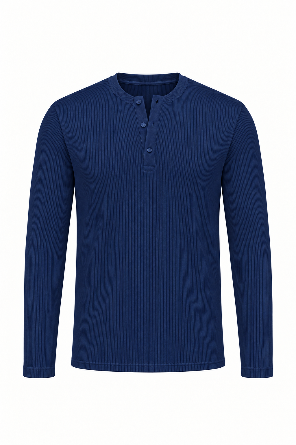 Navy long sleeve henley shirt, flat lay