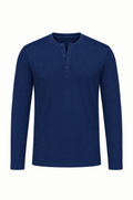 Navy long sleeve henley shirt, flat lay