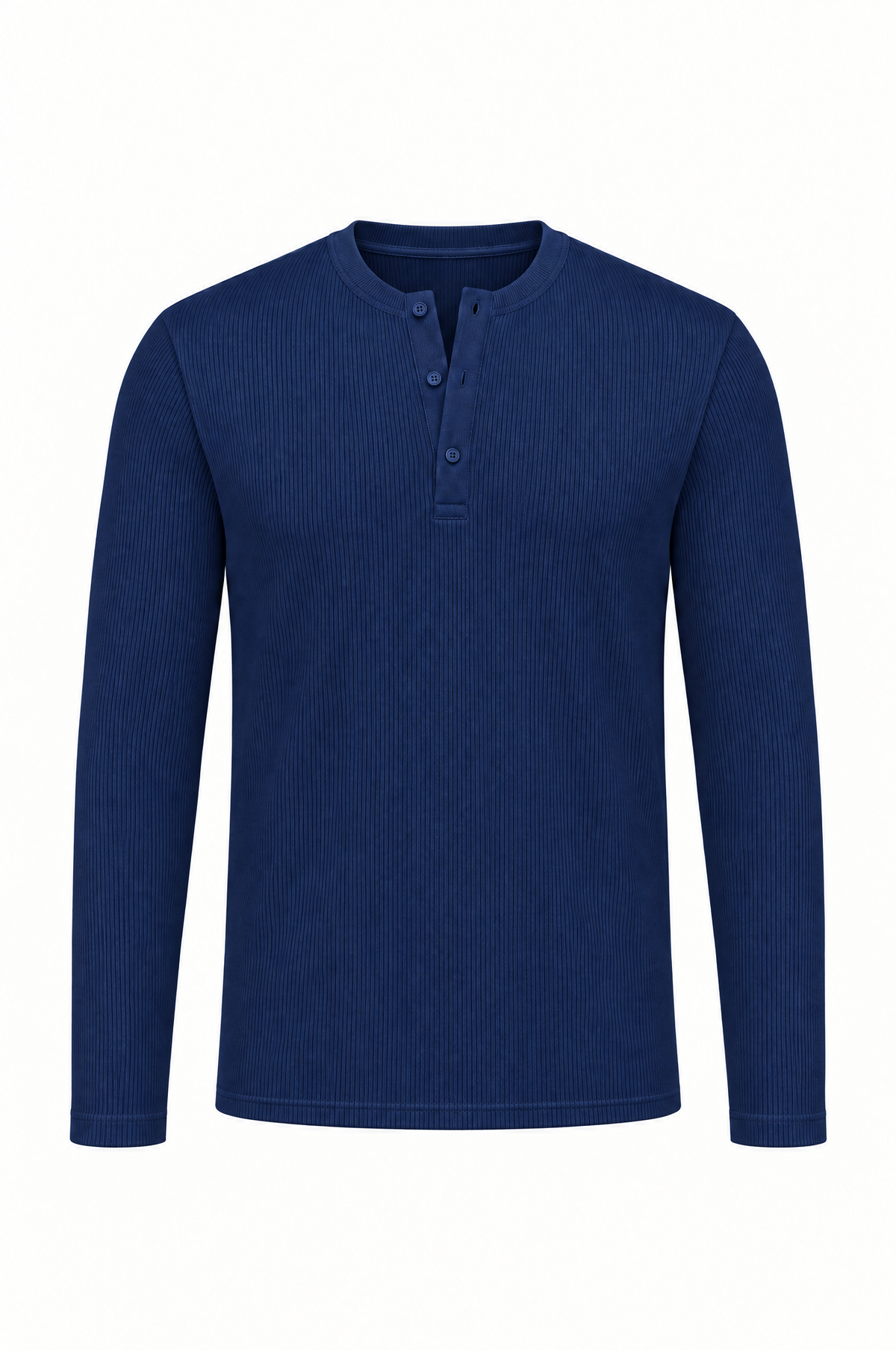 Navy long sleeve henley shirt, flat lay