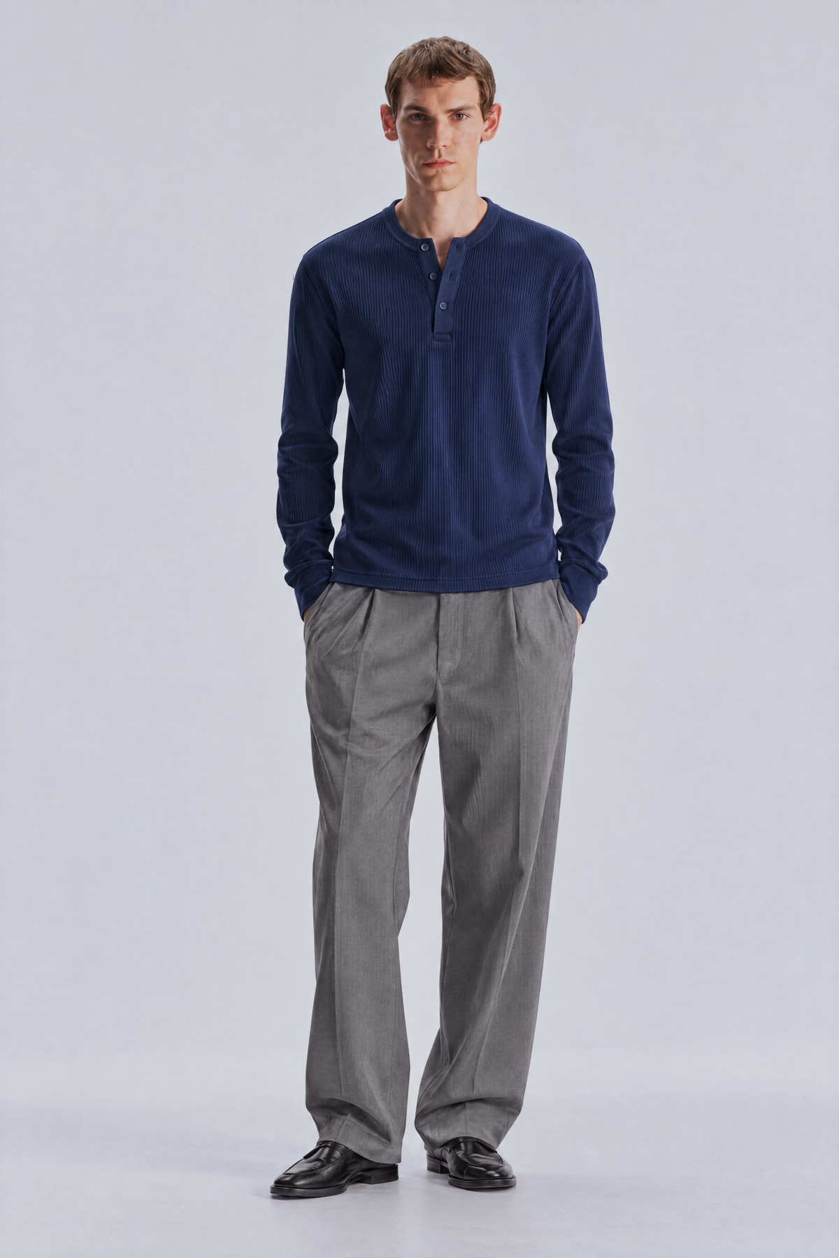 Navy long sleeve henley shirt, front
