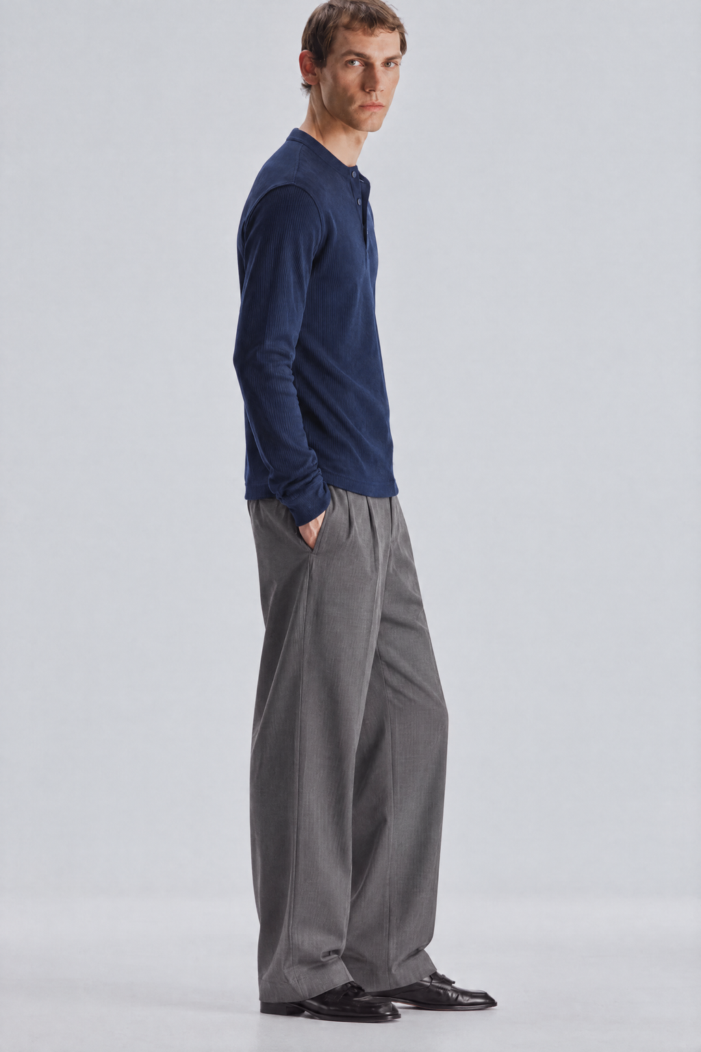 Navy long sleeve henley shirt, side