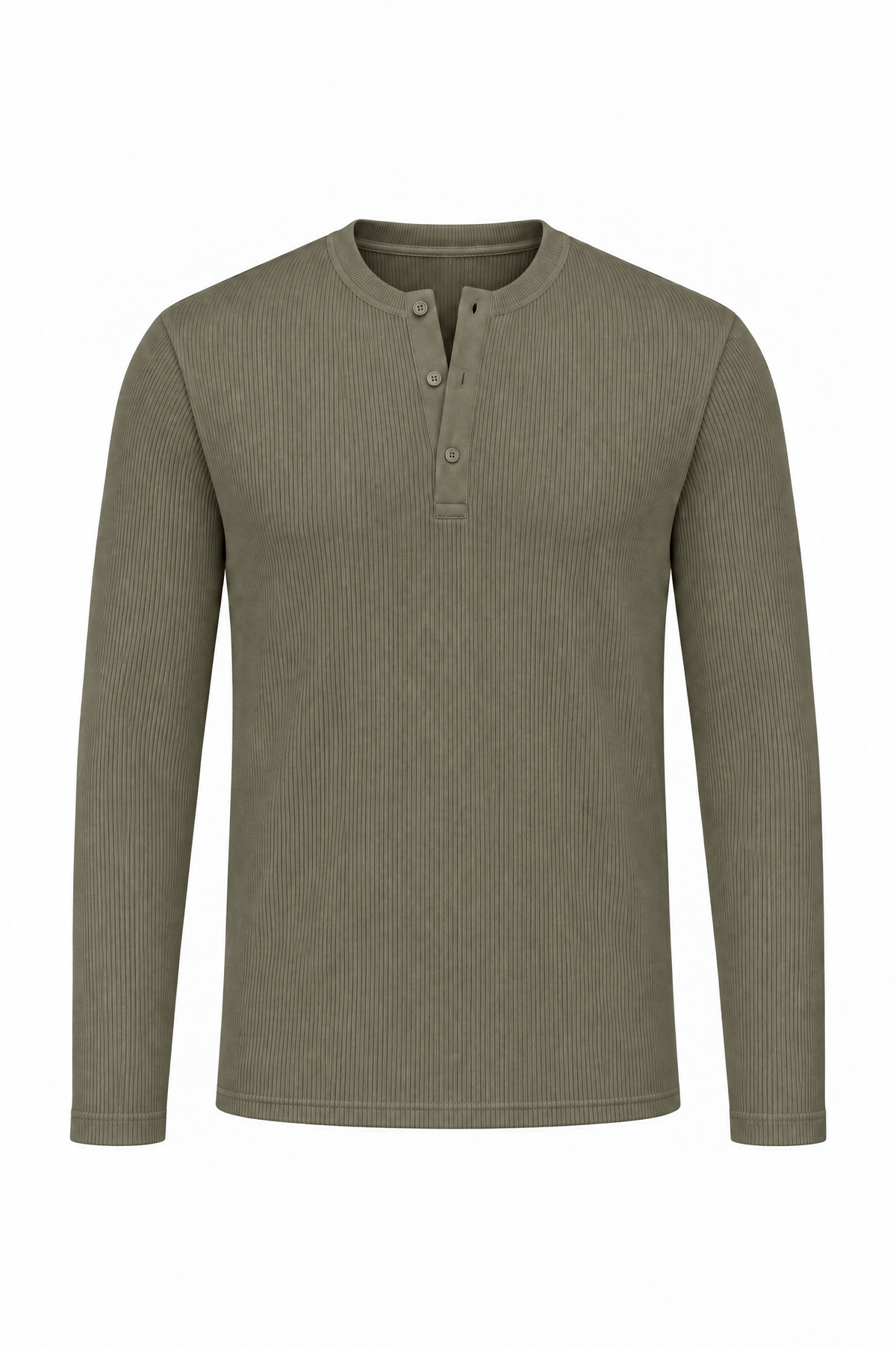 Olive long sleeve henley shirt, flat lay