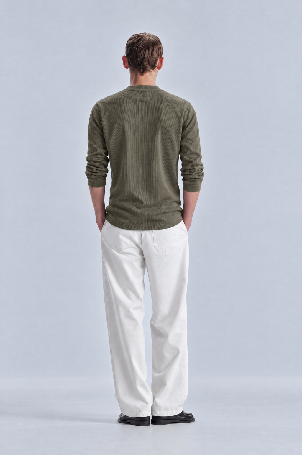 Olive long sleeve henley shirt, back