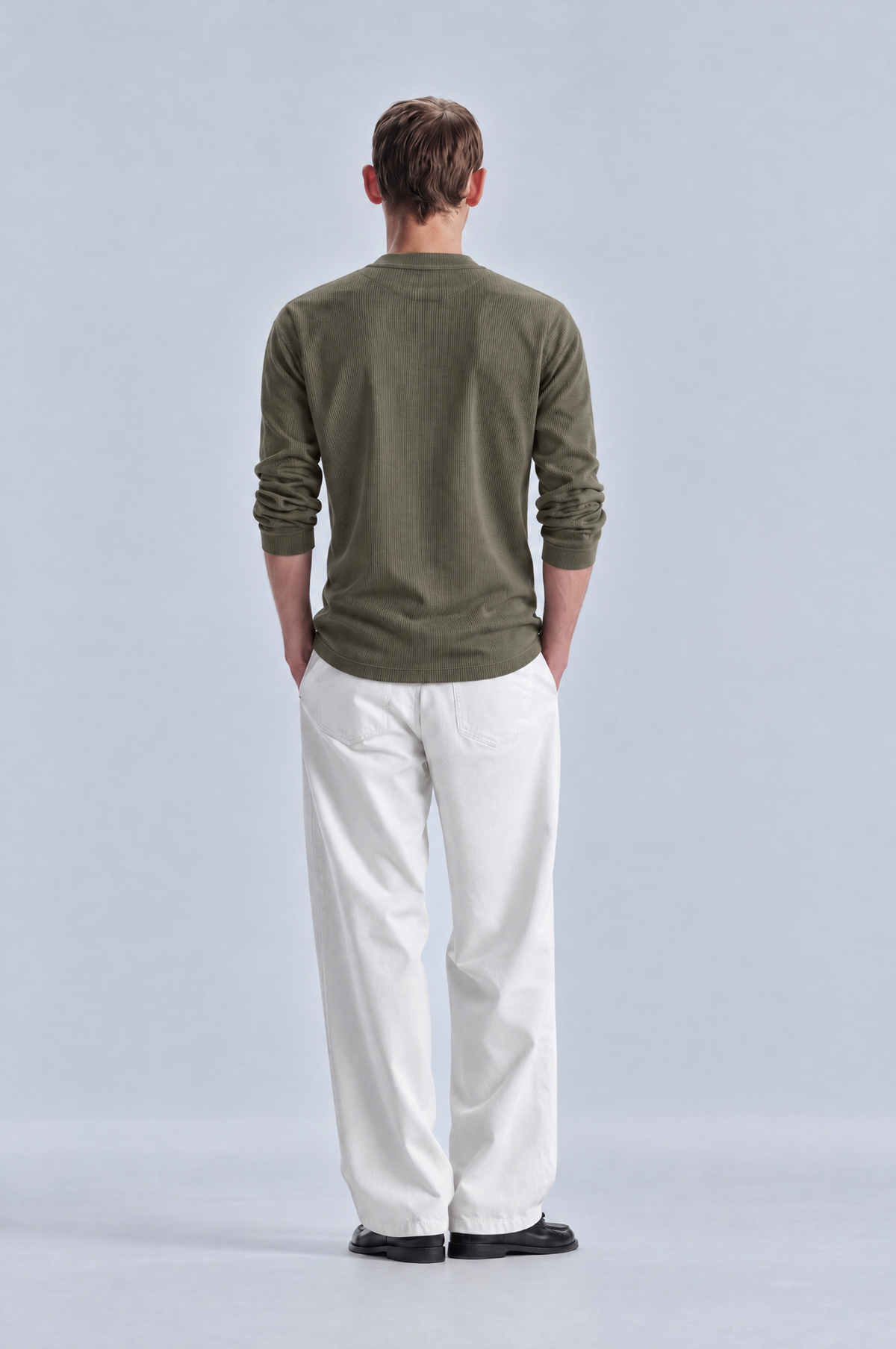 Olive long sleeve henley shirt, back