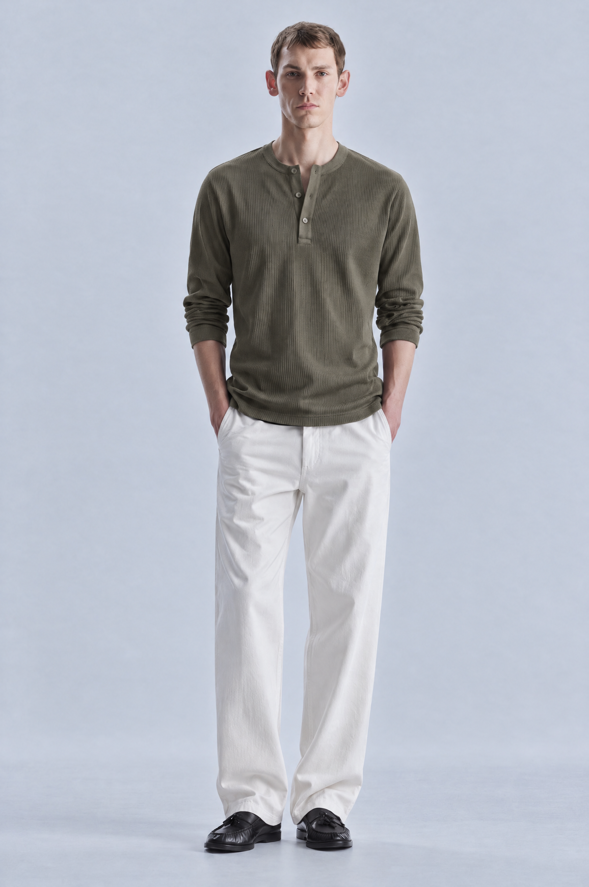 Olive long sleeve henley shirt, front