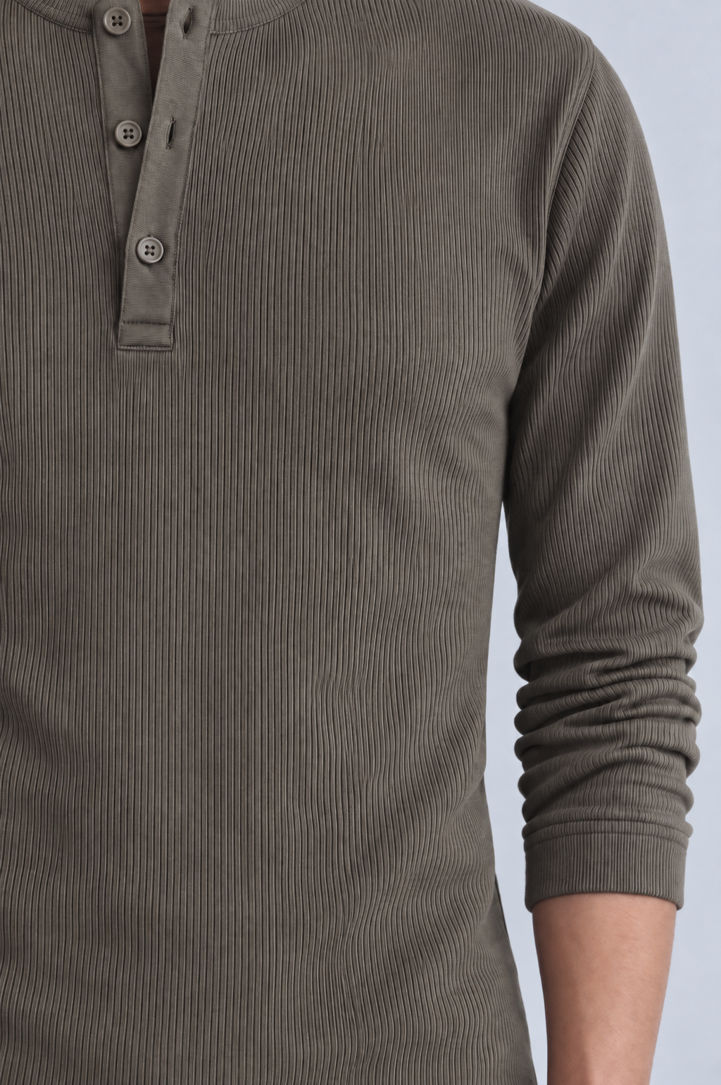 Olive long sleeve henley shirt, placket close-up