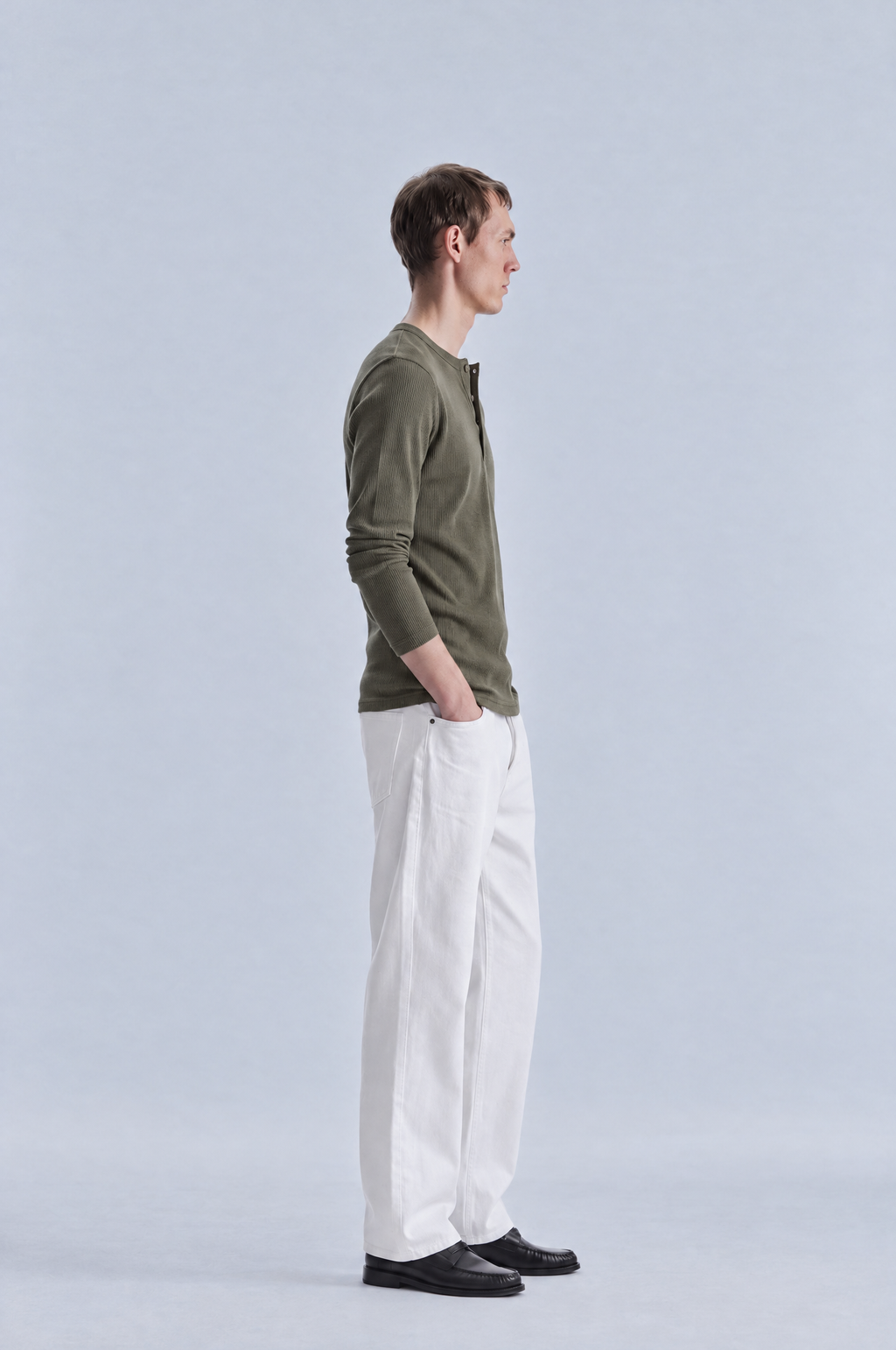 Olive long sleeve henley shirt, side