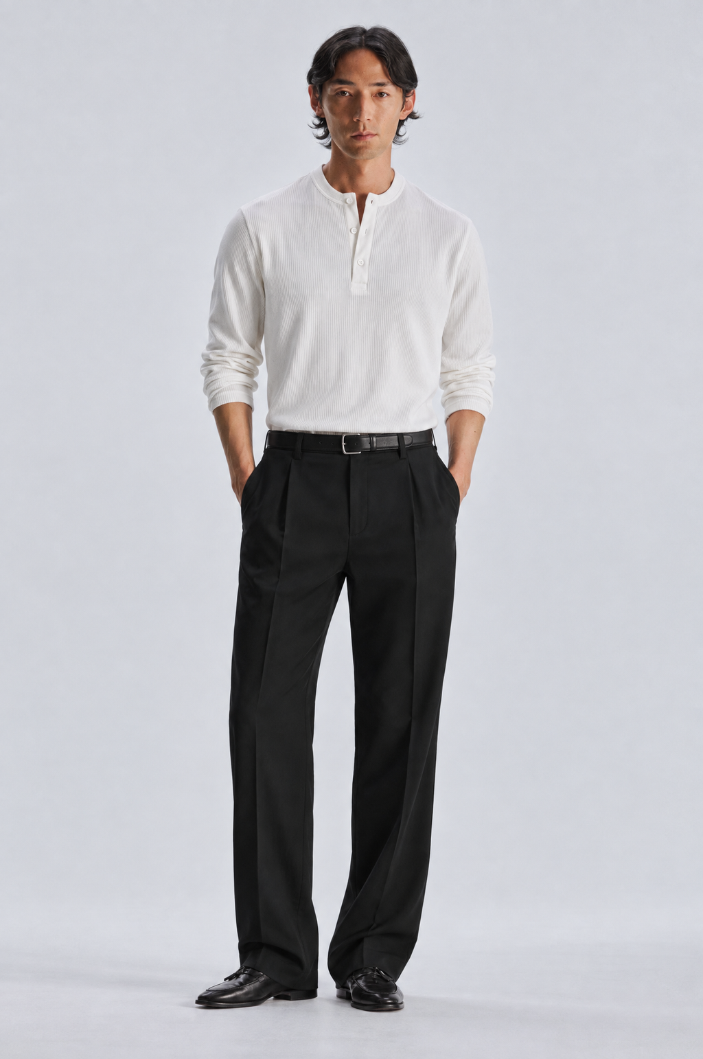 White long sleeve henley shirt, front