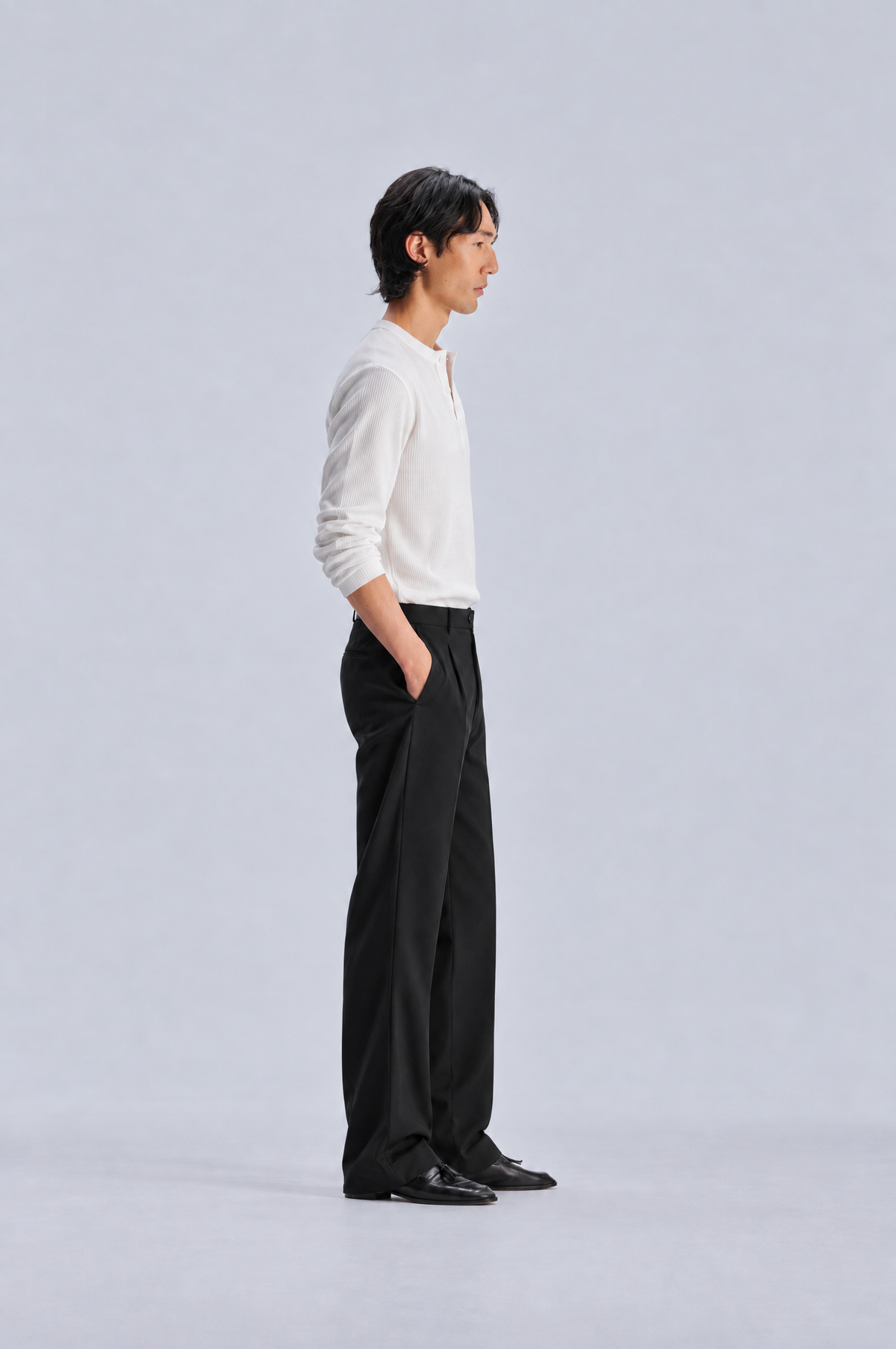 White long sleeve henley shirt, side